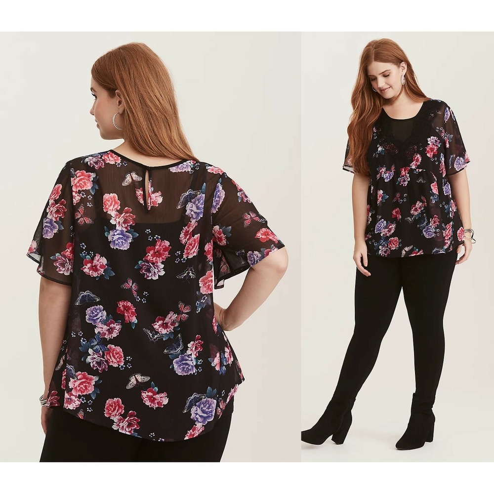 Torrid Multi Color Floral Print Crinkled Chiffon Lace Trim Top Size 1 1X HW9432 - Picture 8 of 8